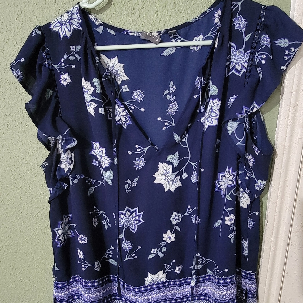 New York & Company Blue Ruffled Cap Sleeve Blouse